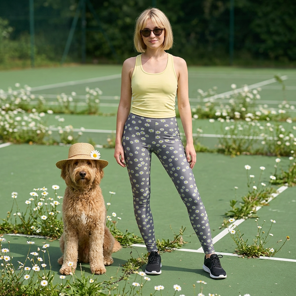 Ditsy Daisy Tennis Ball Women's Leggings — Gray Floral All-Over Print Casual Leggings