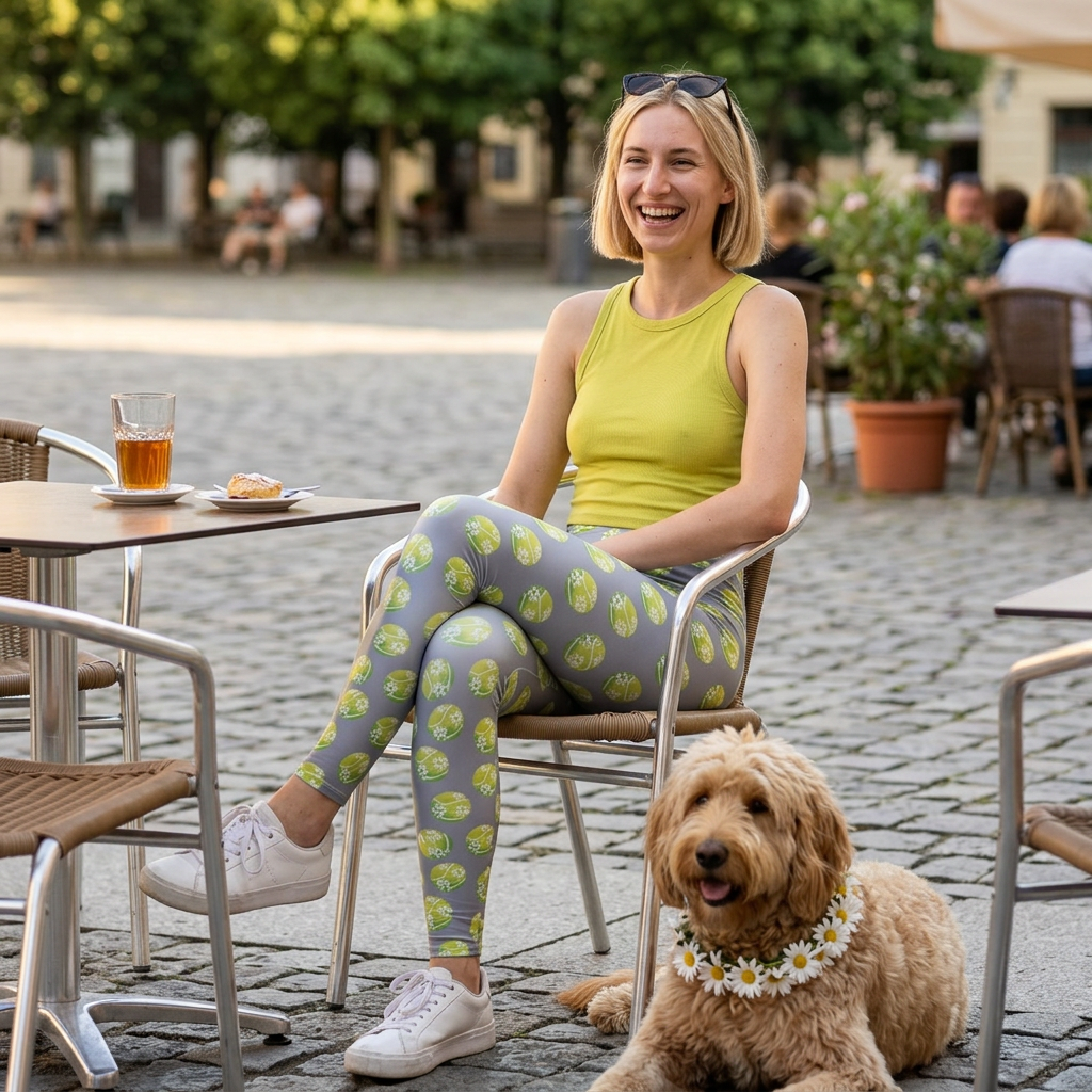 Green Daisy Tennis Ball Pattern Leggings — Casual Women's All-Over Print