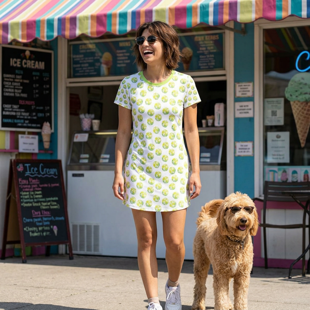 Green Daisy Tennis Ball All-Over Print T-Shirt Dress