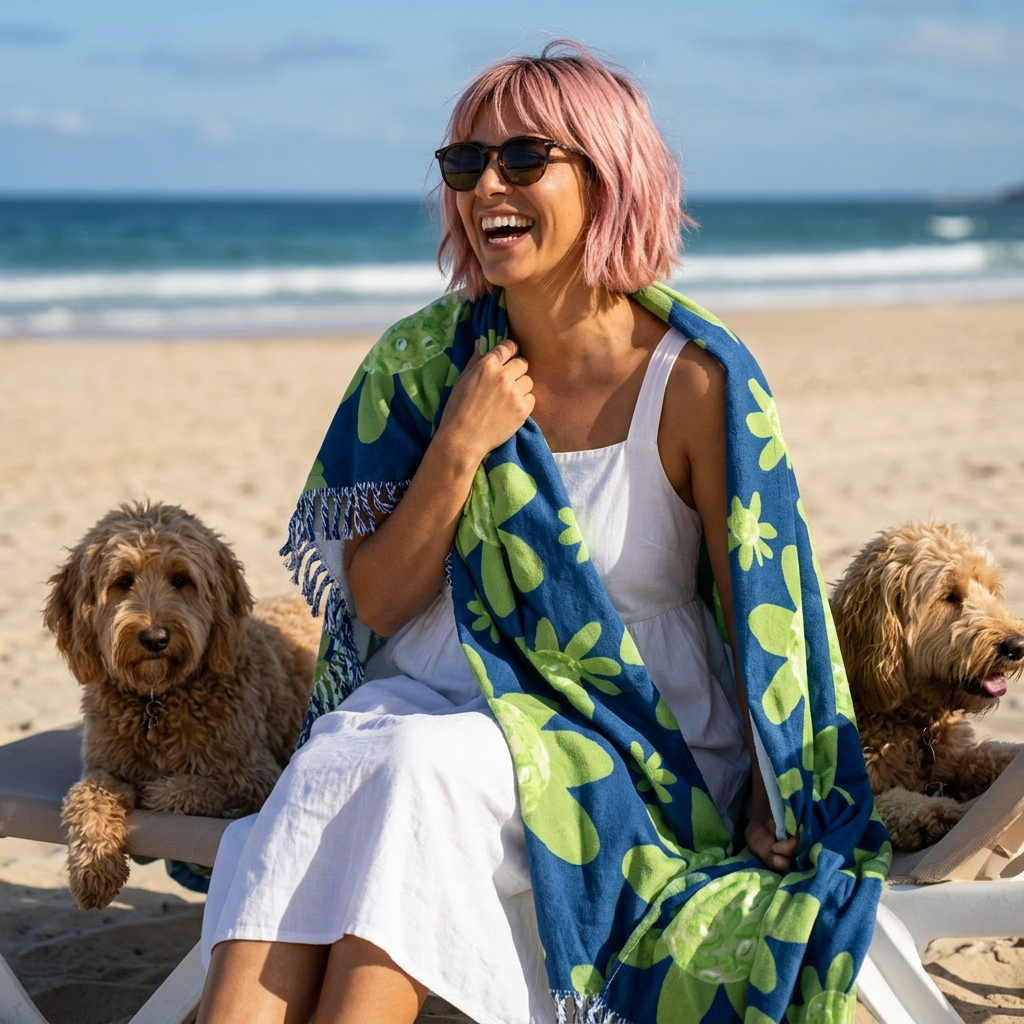 Boho Floral Beach Towel – Green Daisy Pickleball Ball Pattern Cotton Fringe Throw