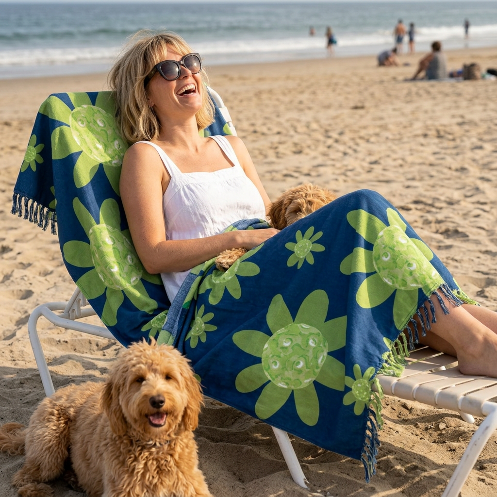Boho Floral Beach Towel – Green Daisy Pickleball Ball Pattern Cotton Fringe Throw