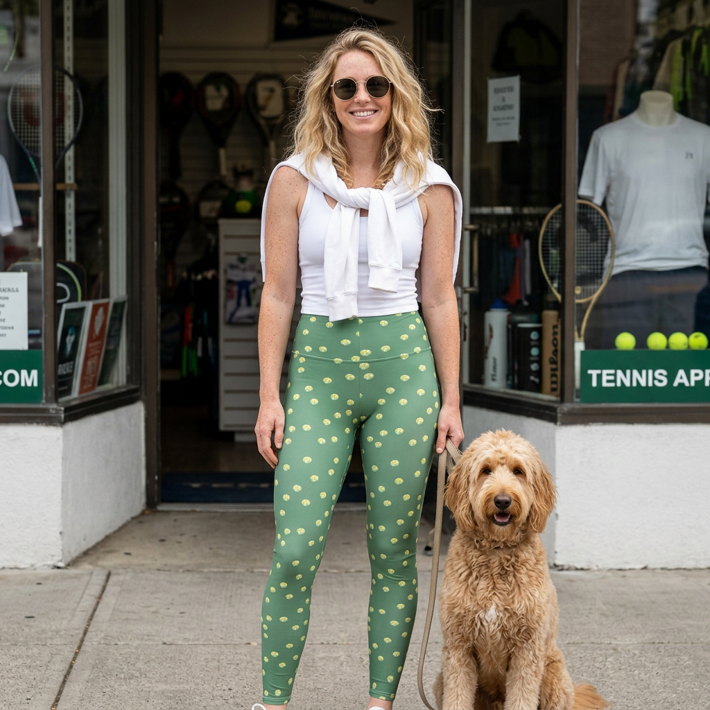 Green Polka Dot Tennis Ball Women's Leggings — Casual All-Over Print