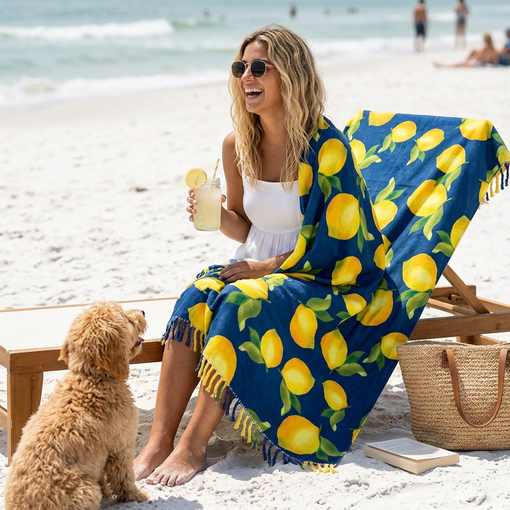 Boho Lemon Beach Towel - Vibrant Summer Vibes for Pool Days, Gifts for Her, Beach Trips, Picnics, Home Decor