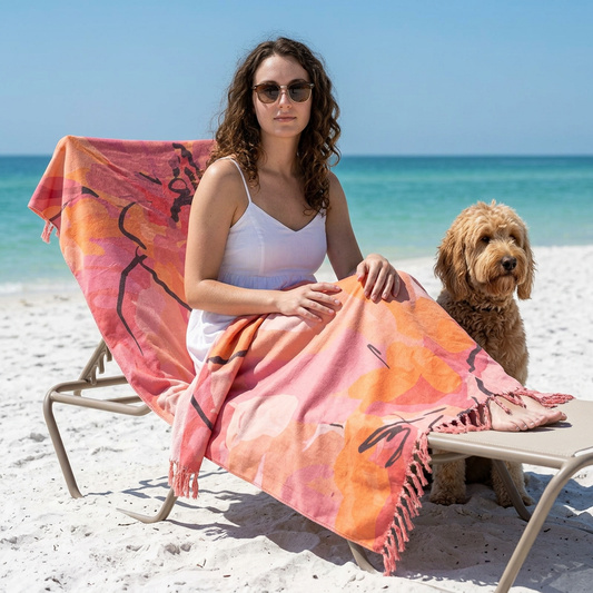 Boho Floral Beach Towel - Pink Coral Watercolor Fringe Beach Blanket