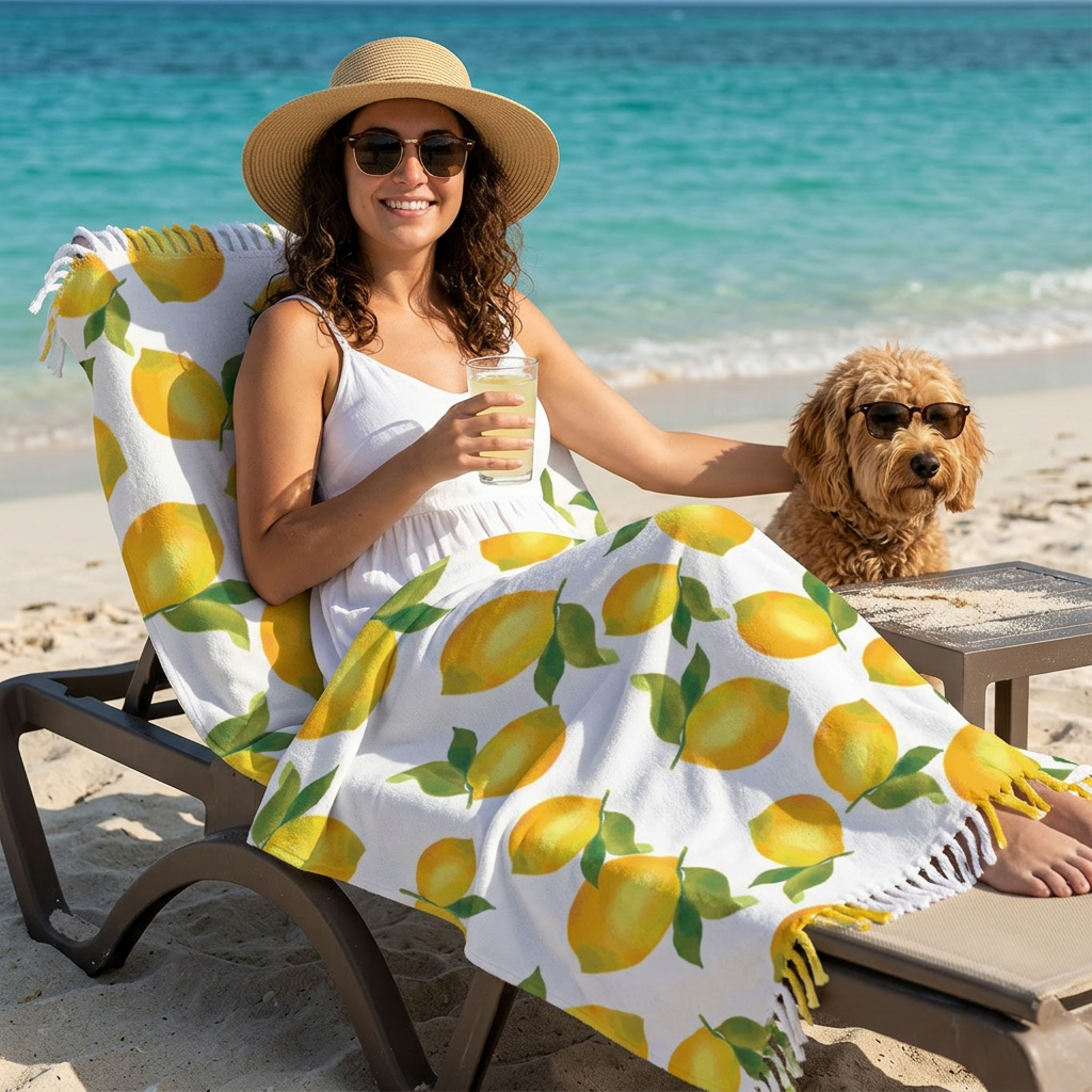 Boho Lemon Beach Towel, Vibrant Summer Beach Cloth, Perfect for Beach Days, Pool Parties, Eco-Friendly Gift, Cute Home Decor