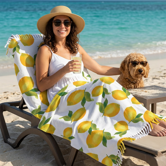 Boho Lemon Beach Towel, Vibrant Summer Beach Cloth, Perfect for Beach Days, Pool Parties, Eco-Friendly Gift, Cute Home Decor