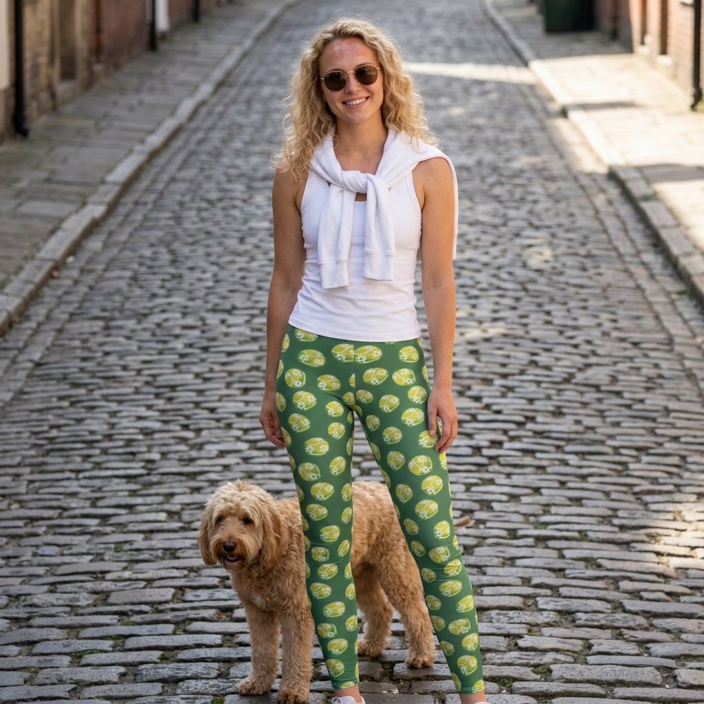 Green and Yellow Tennis Ball Pattern Leggings — Women’s Casual All-Over-Print Yoga Leggings