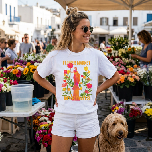 Greek Isle Mykonos Floral Market T-Shirt | Summer Vibes, Eco-Friendly Apparel, Casual Wear, Gift for Her, Bohemian Style