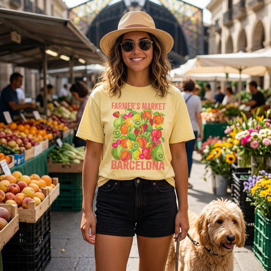 Barcelona Farmers Market T-Shirt | Unisex Garment-Dyed Tee, Cute Summer Style, Gift for Foodies, Market Lover's Apparel, Barcelona Graphic Tee