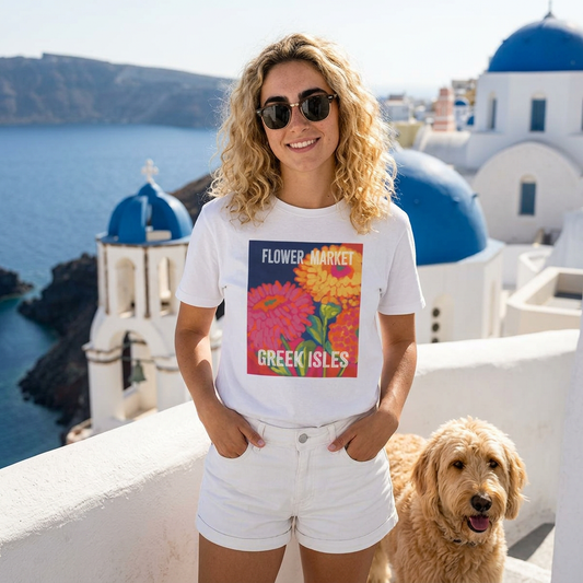 Vibrant Floral Market Tee, Flower Market T-Shirt, Greek Isles Apparel, Gift for Garden Lovers, Summer Wardrobe Essential