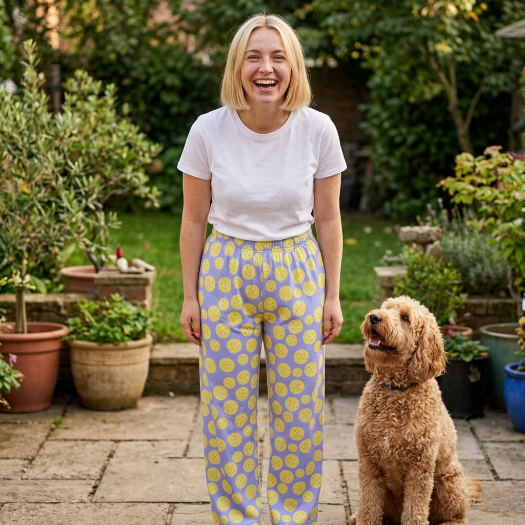 Lemon Yellow Pickleball Dots Women's Pajama Pants — Relaxed Cotton Sleepwear