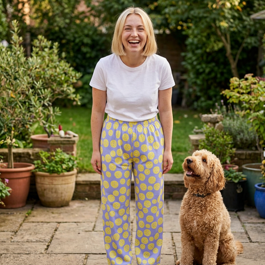 Lemon Yellow Pickleball Dots Women's Pajama Pants — Relaxed Cotton Sleepwear