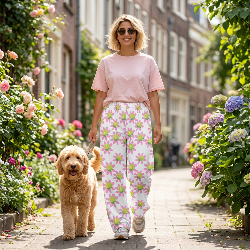 Floral Daisy Tennis Ball  Women's Lounge Pajama Pants — Pink & Green All-Over Print