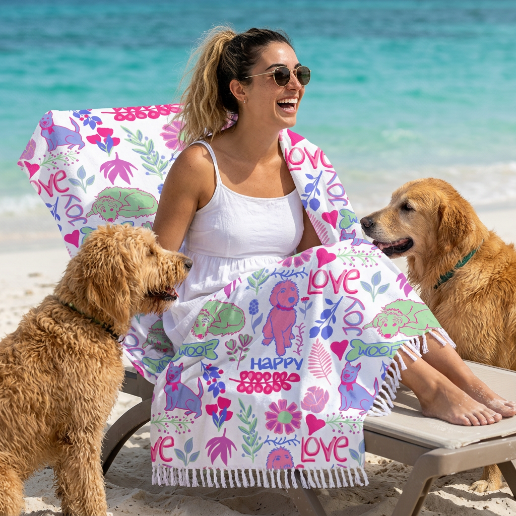 Boho Beach Towel — Cute Pastel Dogs “Love” Pattern
