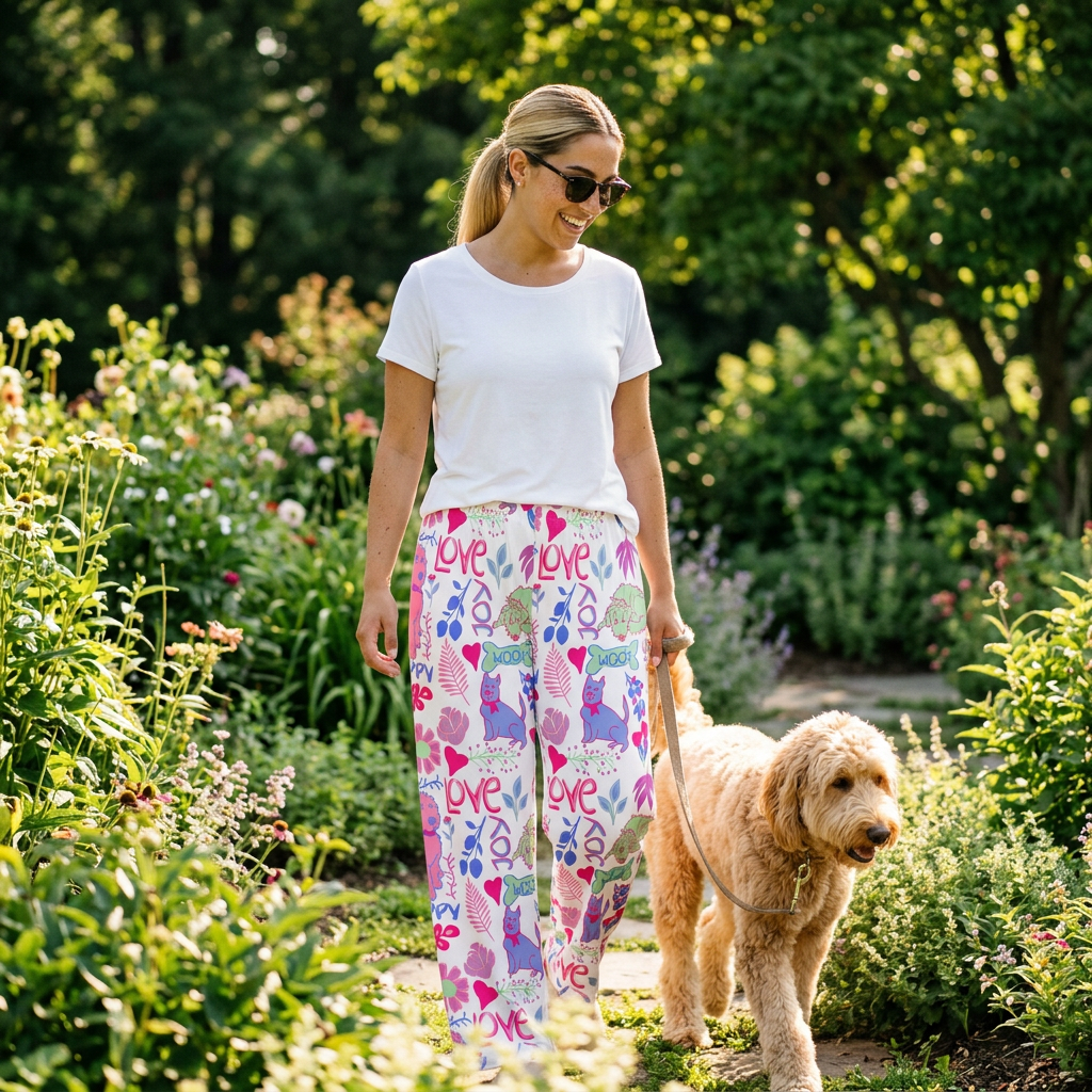 Pajama Pants — Cute Floral & Dog Love All-Over Print Women's Sleep Pants