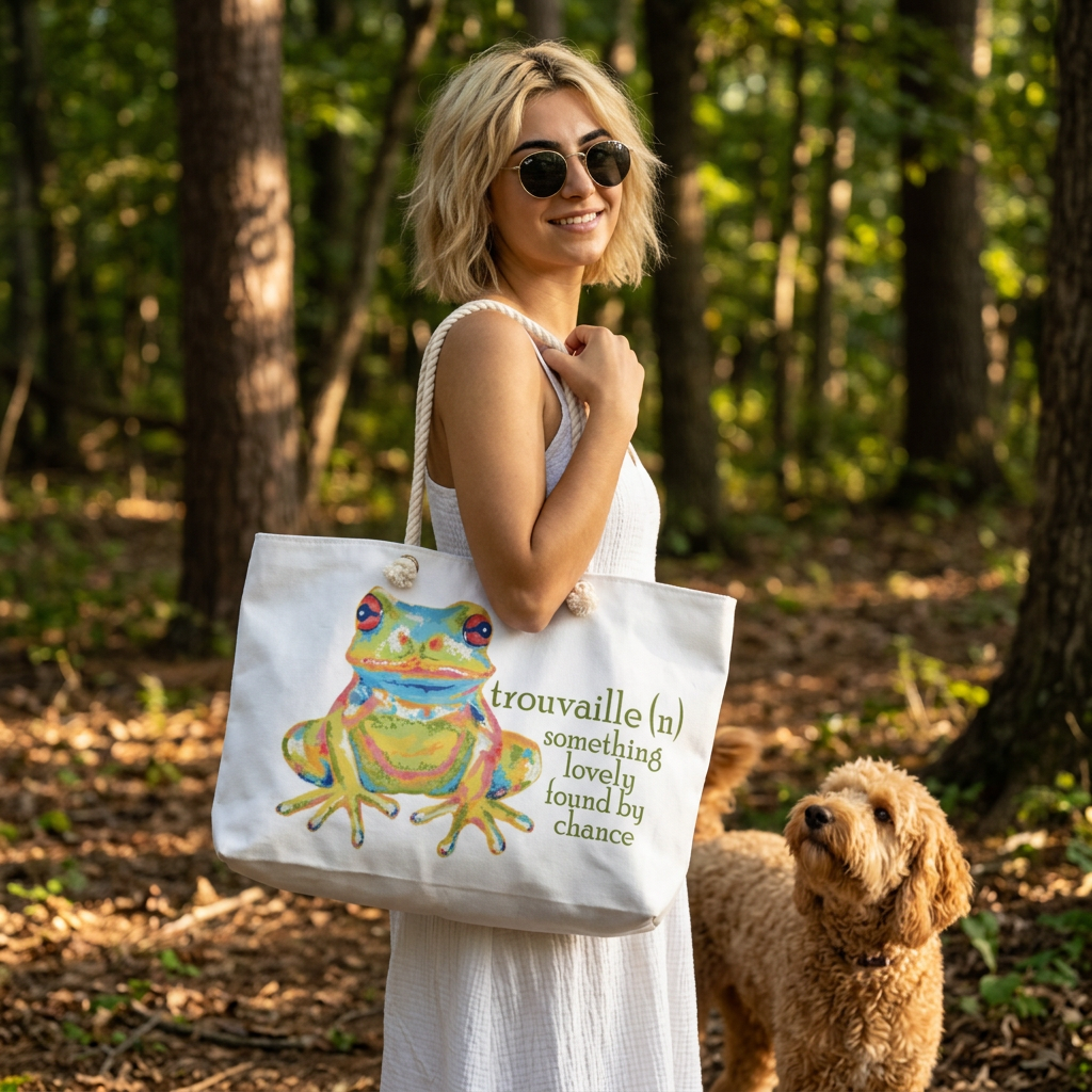 Weekender Bag — 'Trouvaille' Colorful Frog Canvas Travel Tote