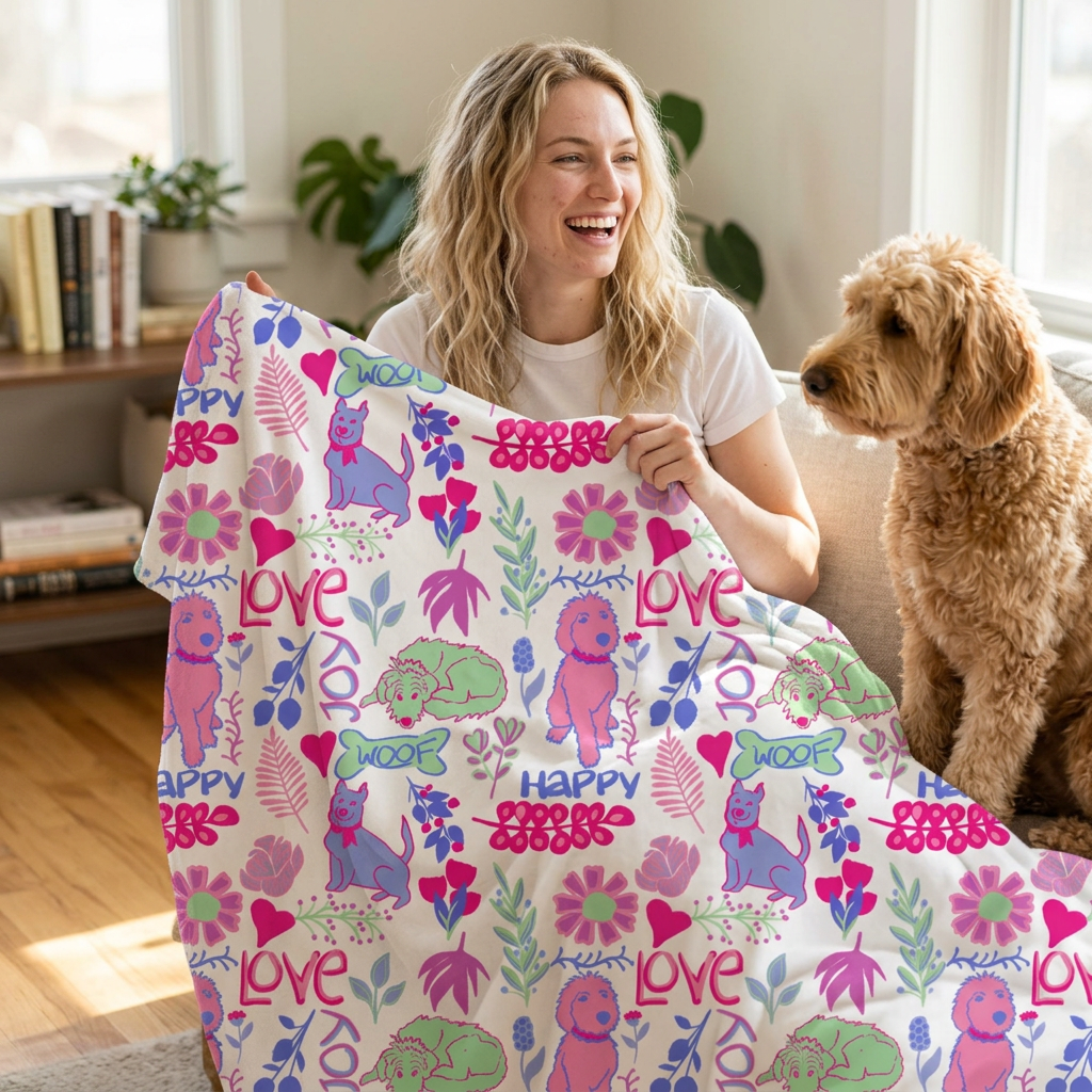 Love & Joy Puppy Pattern Blanket — Velveteen Microfiber Throw