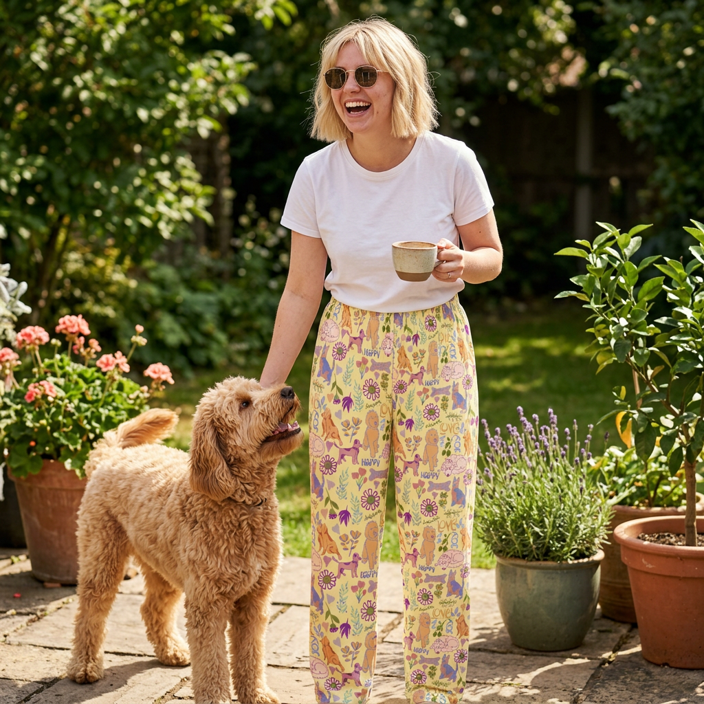 Dog and Puppy Garden Pajama Pants — Floral Allover Print Sleepwear