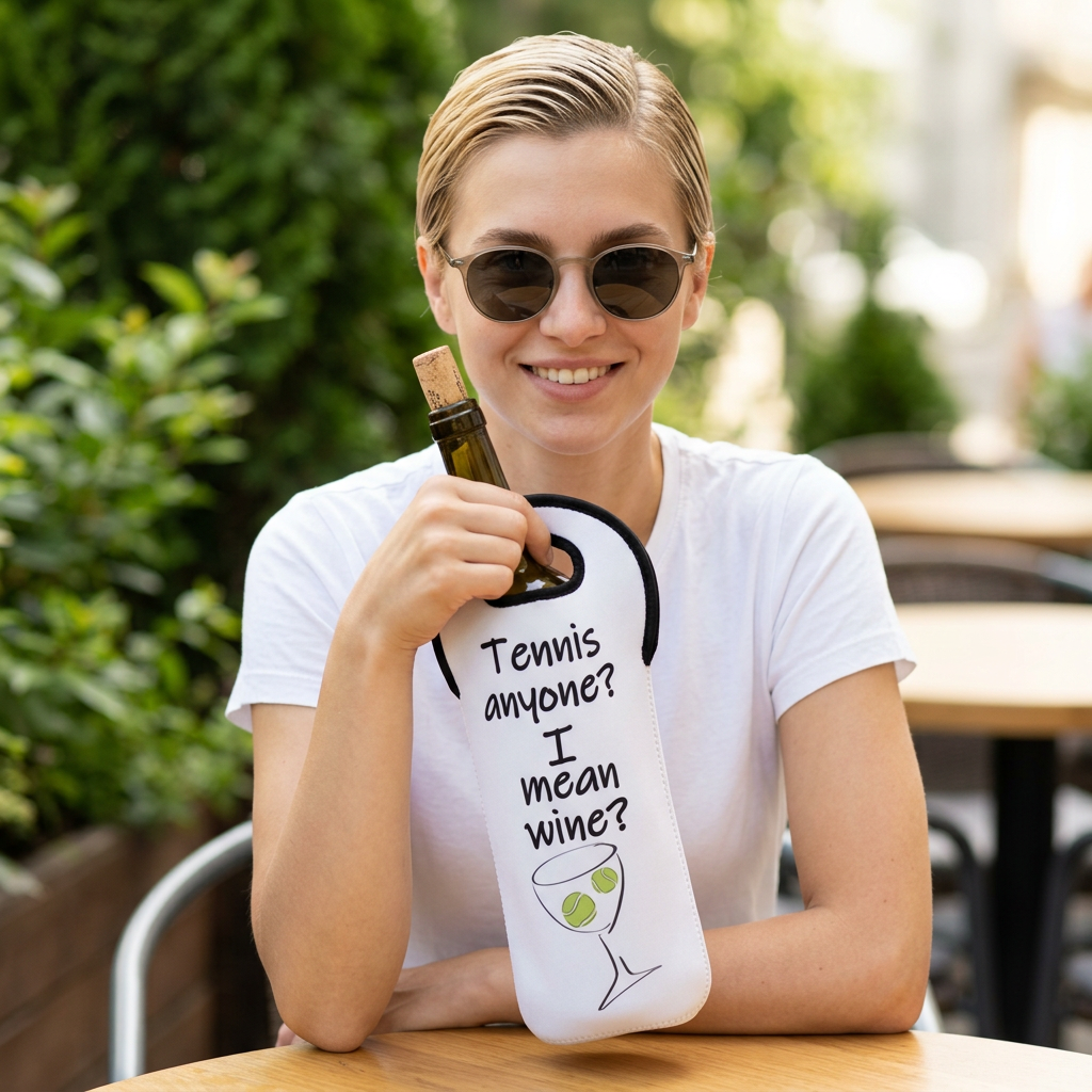Wine Tote — "Tennis anyone? I mean wine?" Funny Wine Bottle Carrier