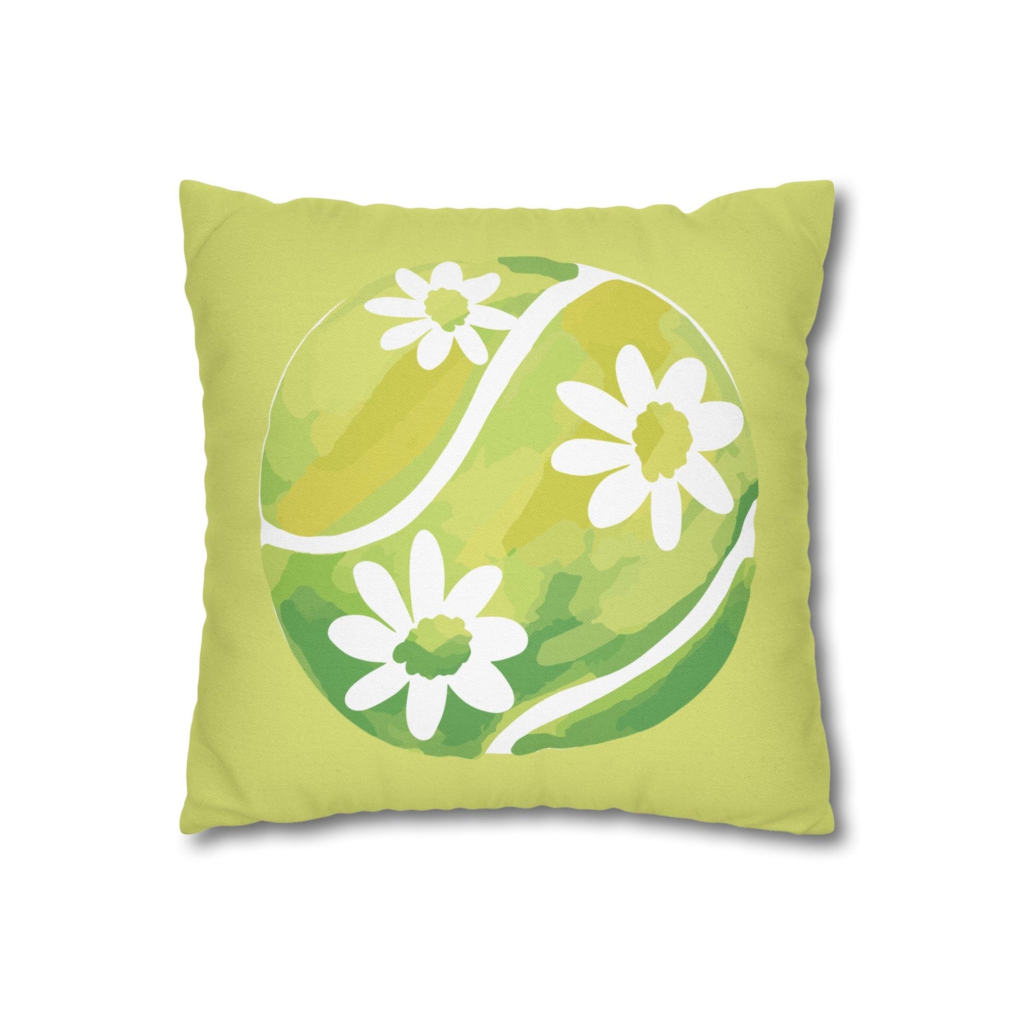 Tennis Ball Daisy Spring Floral Square Pillowcase - Decorative Cushion, Home Decor, Couch Pillow, Gift for Her, Green Leaves Design