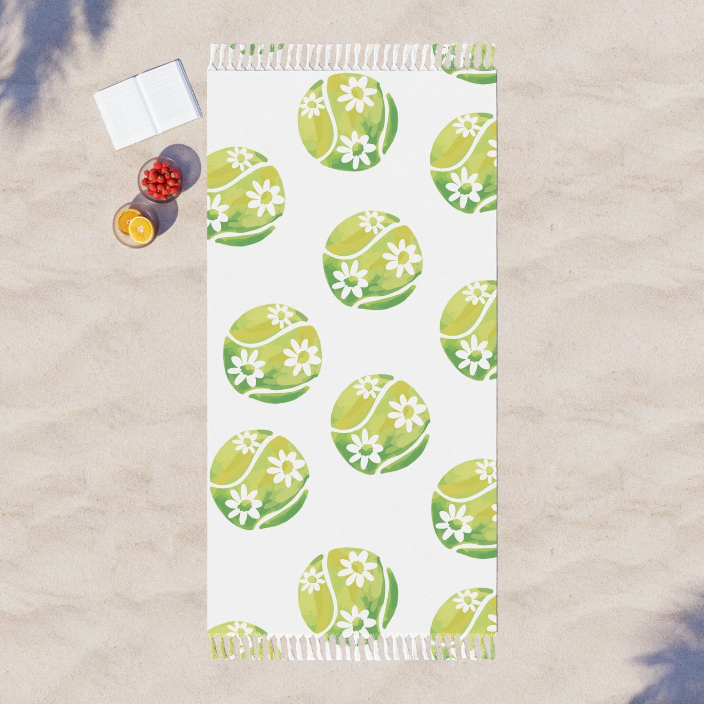 Boho Floral Beach Towel – Green Daisy Tennis Ball Pattern, Lightweight Fringe Turkish Towel
