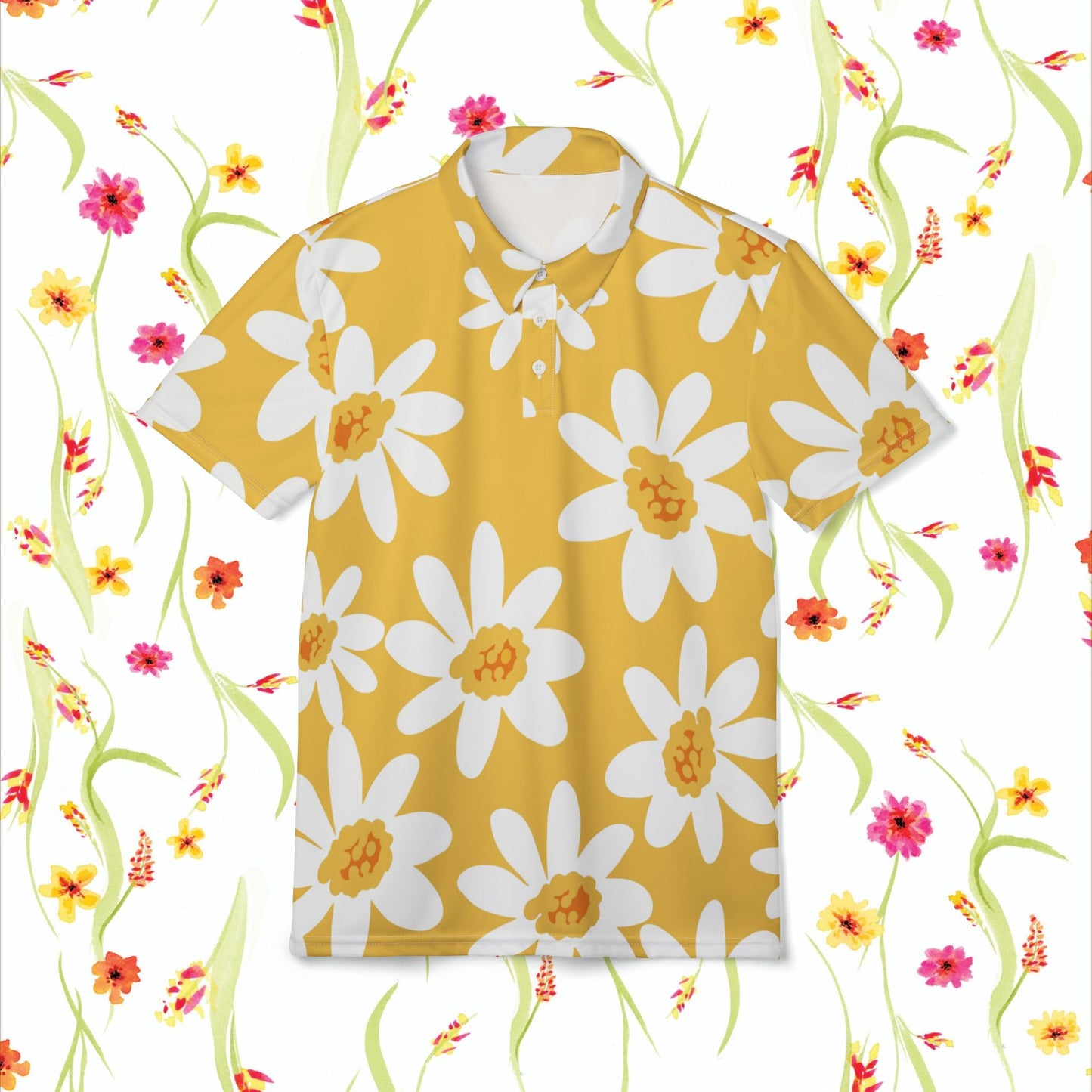 Sunny Daisy Yellow Floral Unisex Polo Shirt, Summer Outfits, Casual Wear, Gift for Him/Her, Bright Spirit, Outdoor Events