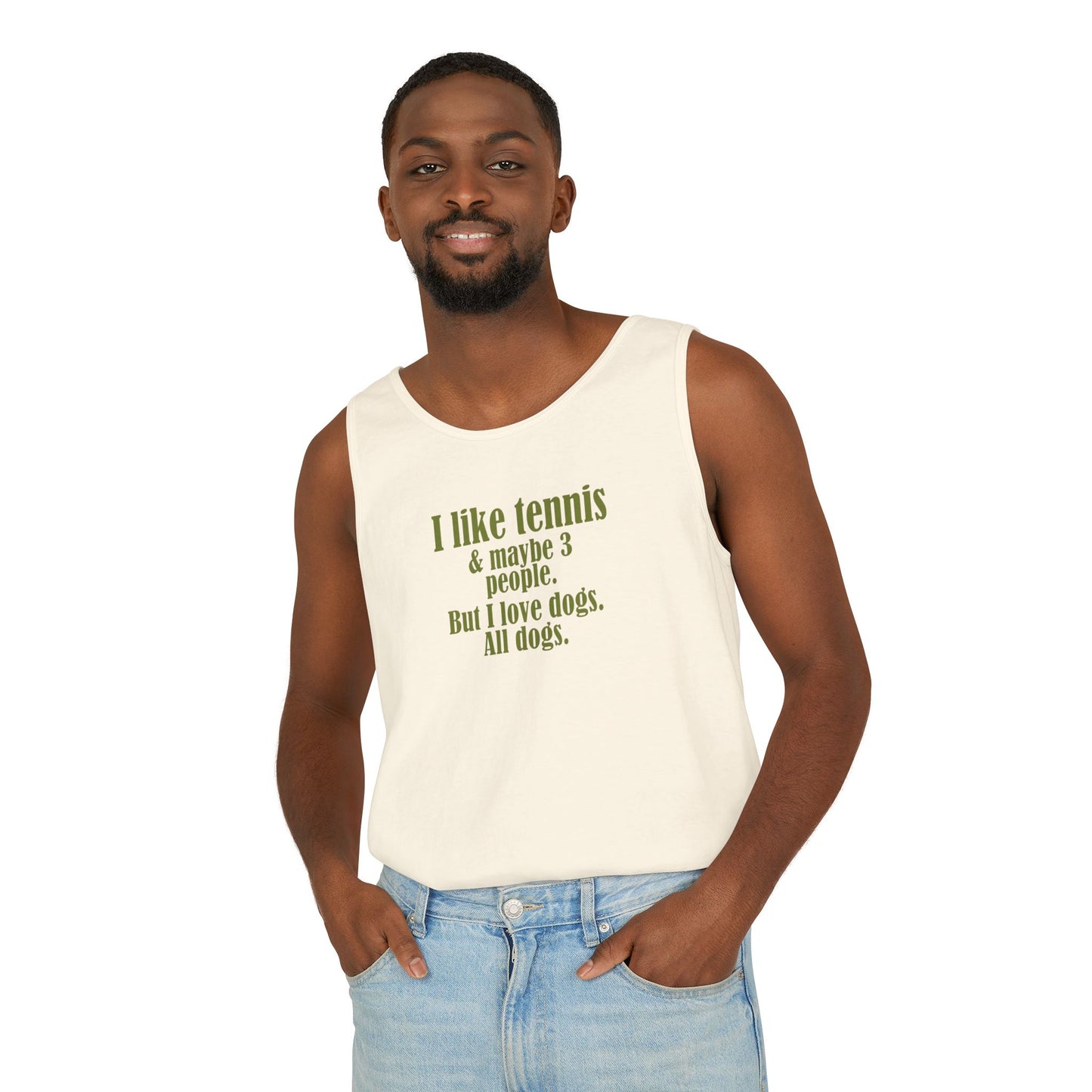 "I like tennis & maybe 3 people. But I love dogs. All Dogs" Dog-Loving Tennis Unisex Tank Top, Casual Summer Wear, Gift for Dog Owners, Funny Summer Tank, Pet Lover Apparel