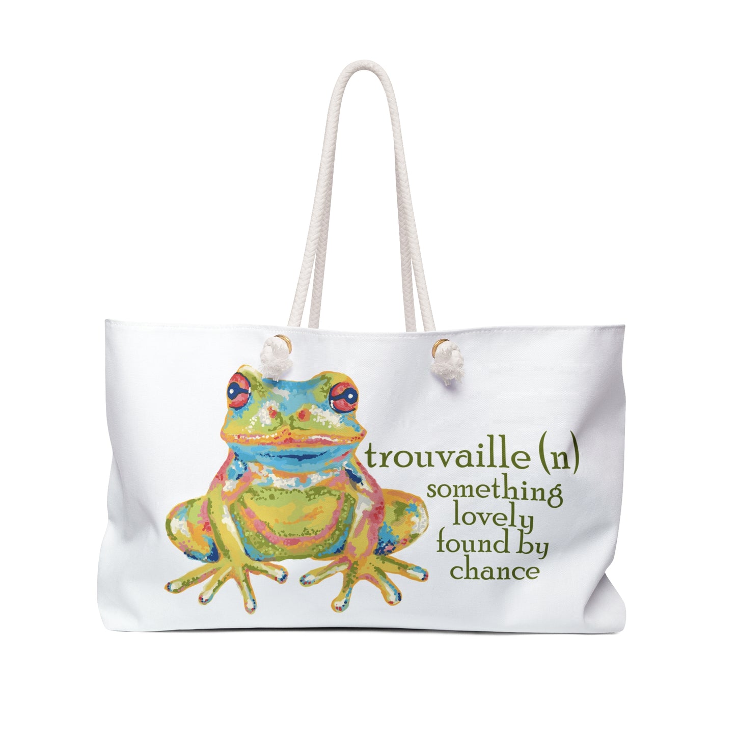 Weekender Bag — 'Trouvaille' Colorful Frog Canvas Travel Tote