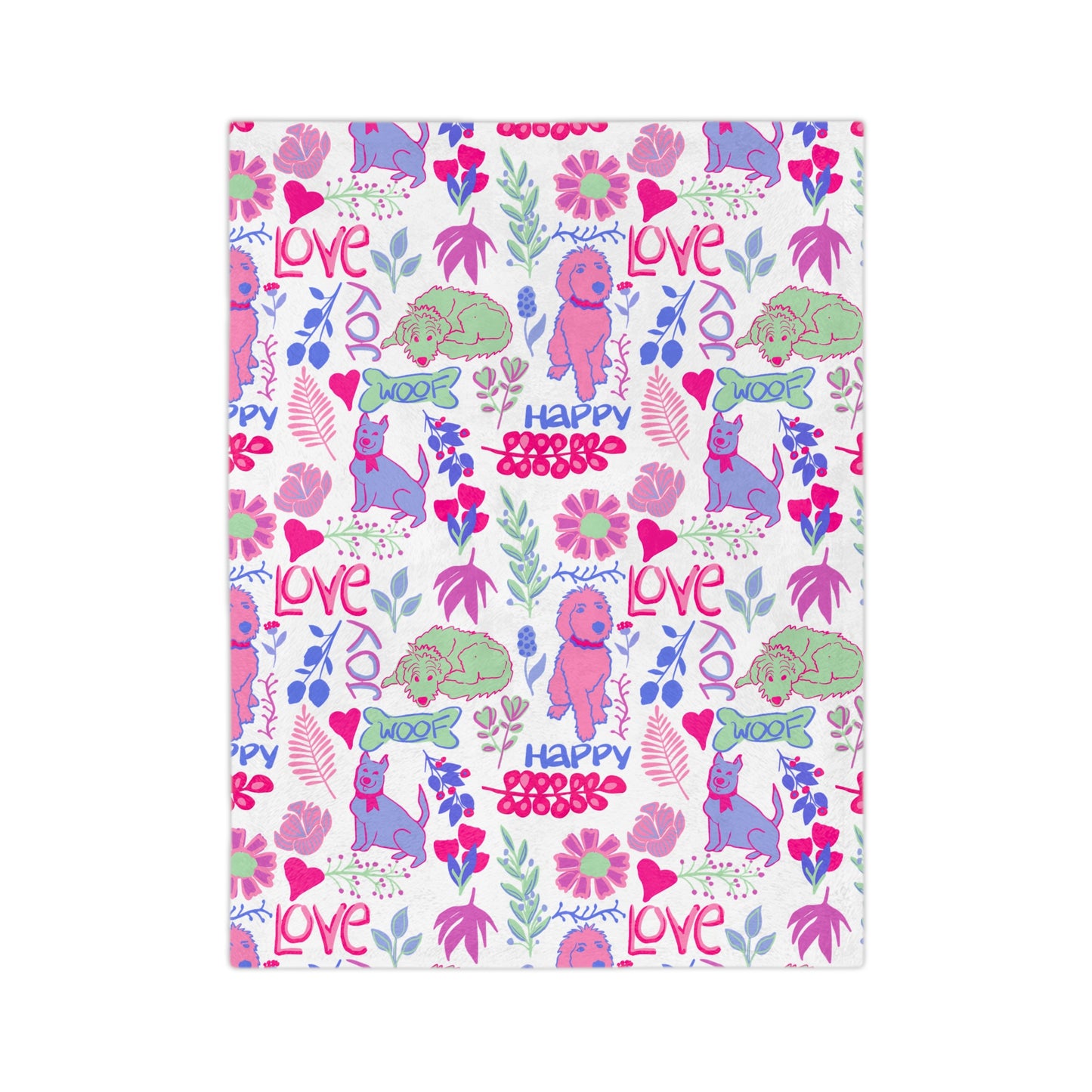 Love & Joy Puppy Pattern Blanket — Velveteen Microfiber Throw