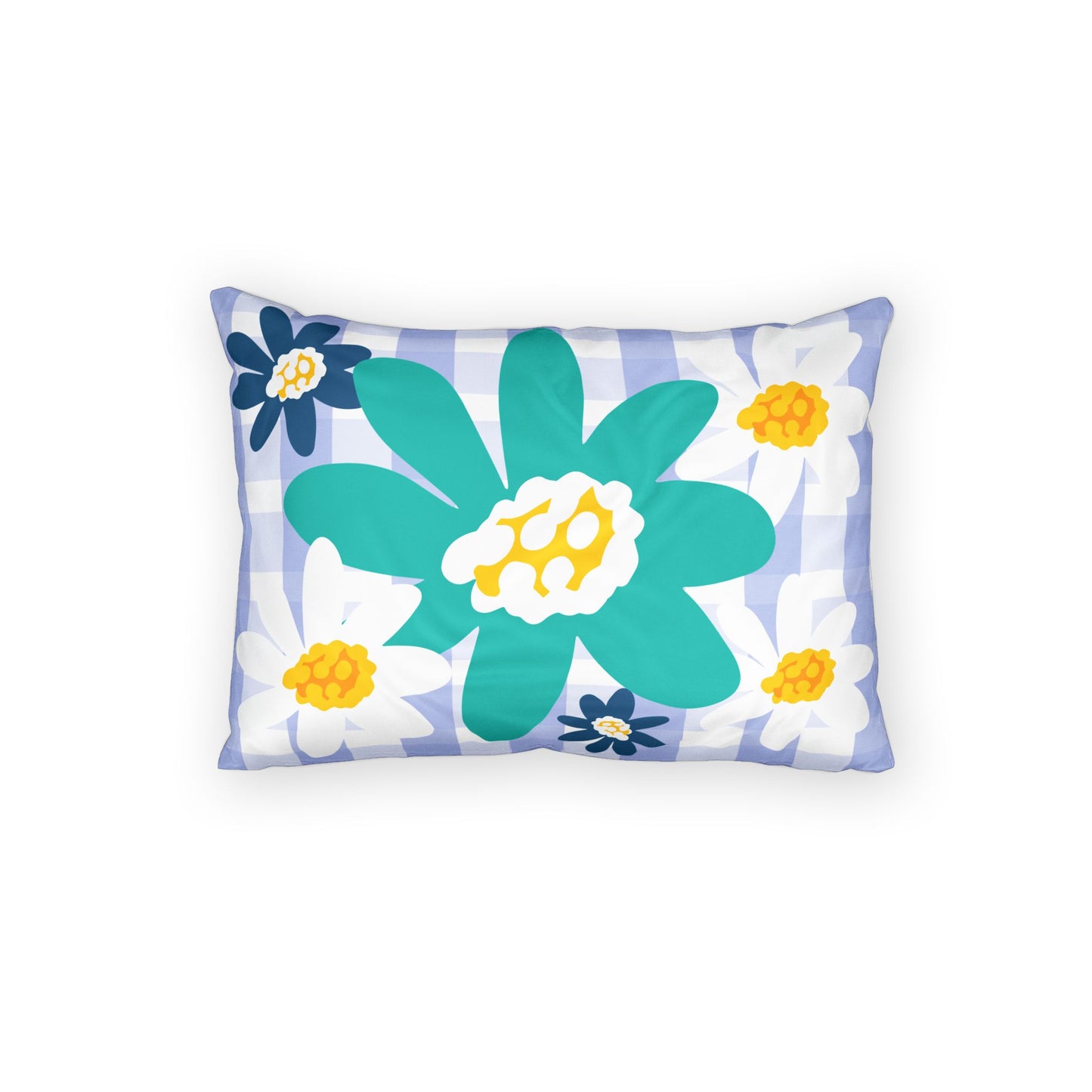 Floral Gingham Cotton Pillow Sham — Blue & Teal Spring Decorative Pillowcase