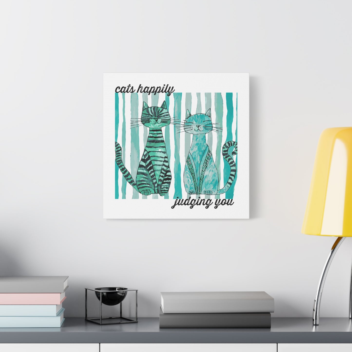 Cats Happily Judging You Canvas Art — Whimsical Teal Cat Wall Decor