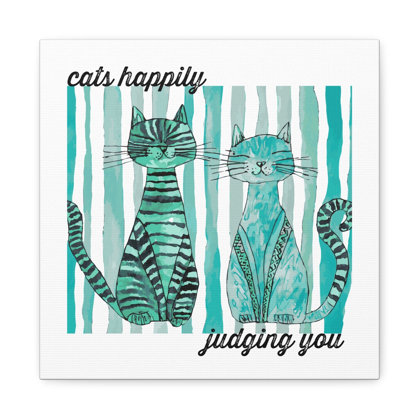 Cats Happily Judging You Canvas Art — Whimsical Teal Cat Wall Decor