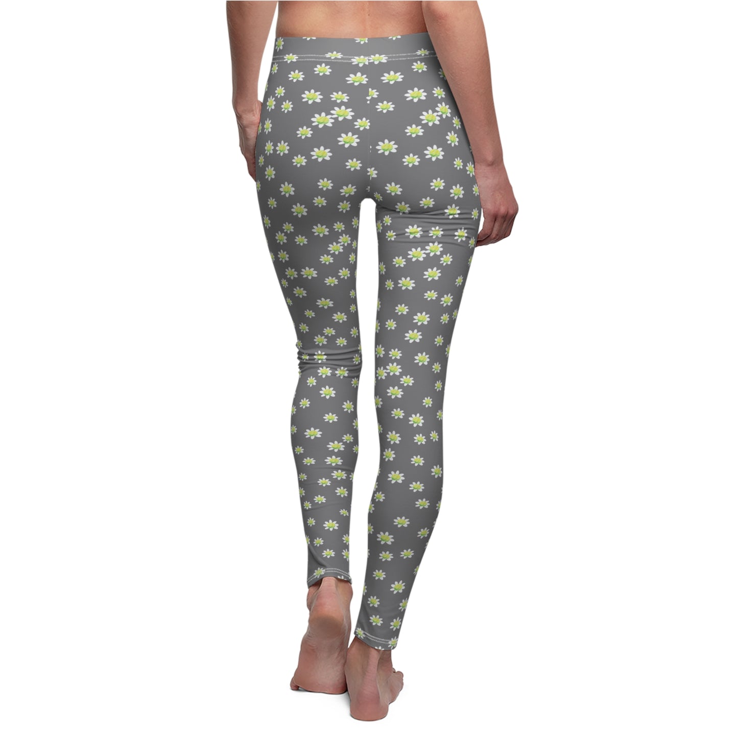 Ditsy Daisy Tennis Ball Women's Leggings — Gray Floral All-Over Print Casual Leggings