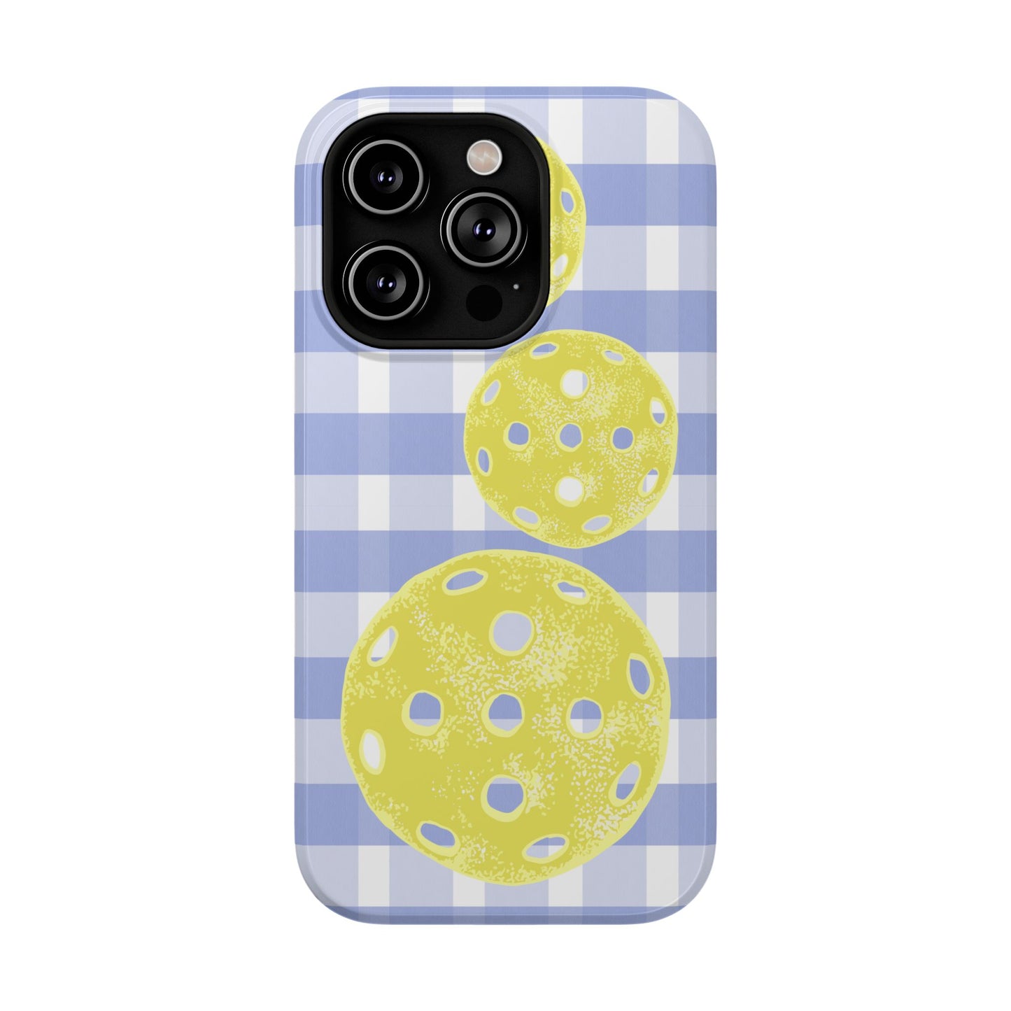 Pickleball Pattern Phone Case — Yellow Pickleball on Blue Gingham Impact Case
