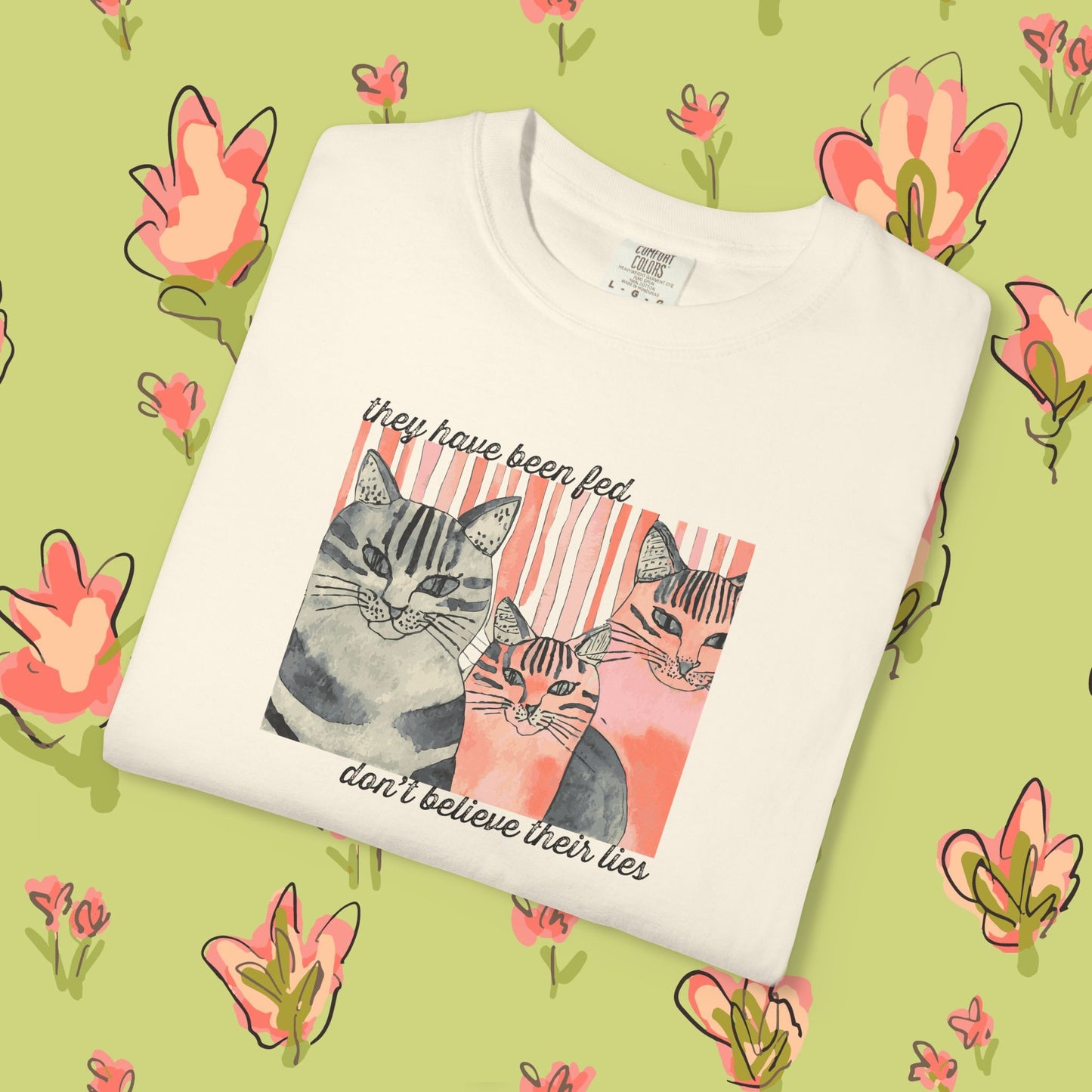 Cat Trio Graphic T-Shirt — "Don't believe their lies, they have been fed." Retro Kitten Tee
