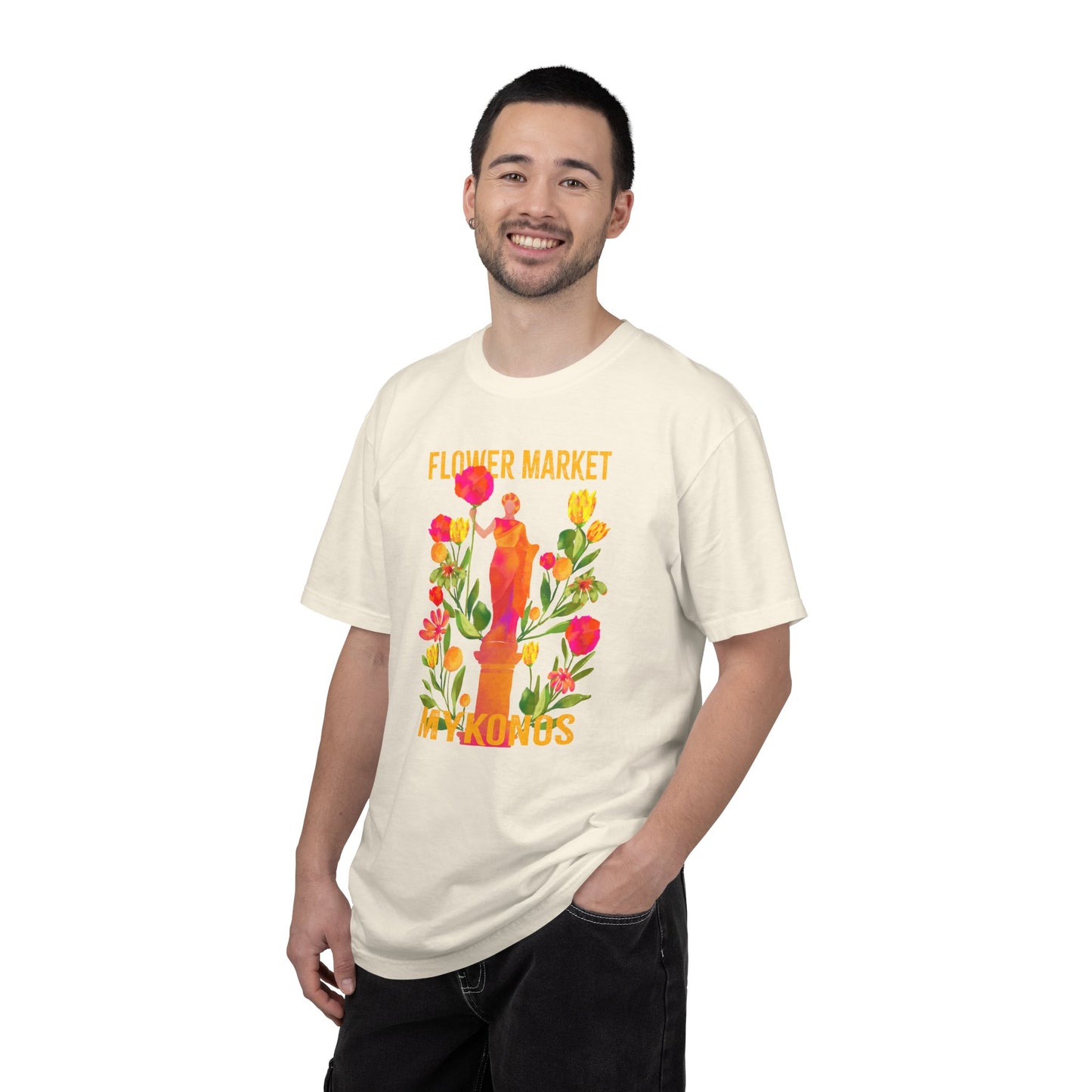 Greek Isle Mykonos Floral Market T-Shirt | Summer Vibes, Eco-Friendly Apparel, Casual Wear, Gift for Her, Bohemian Style