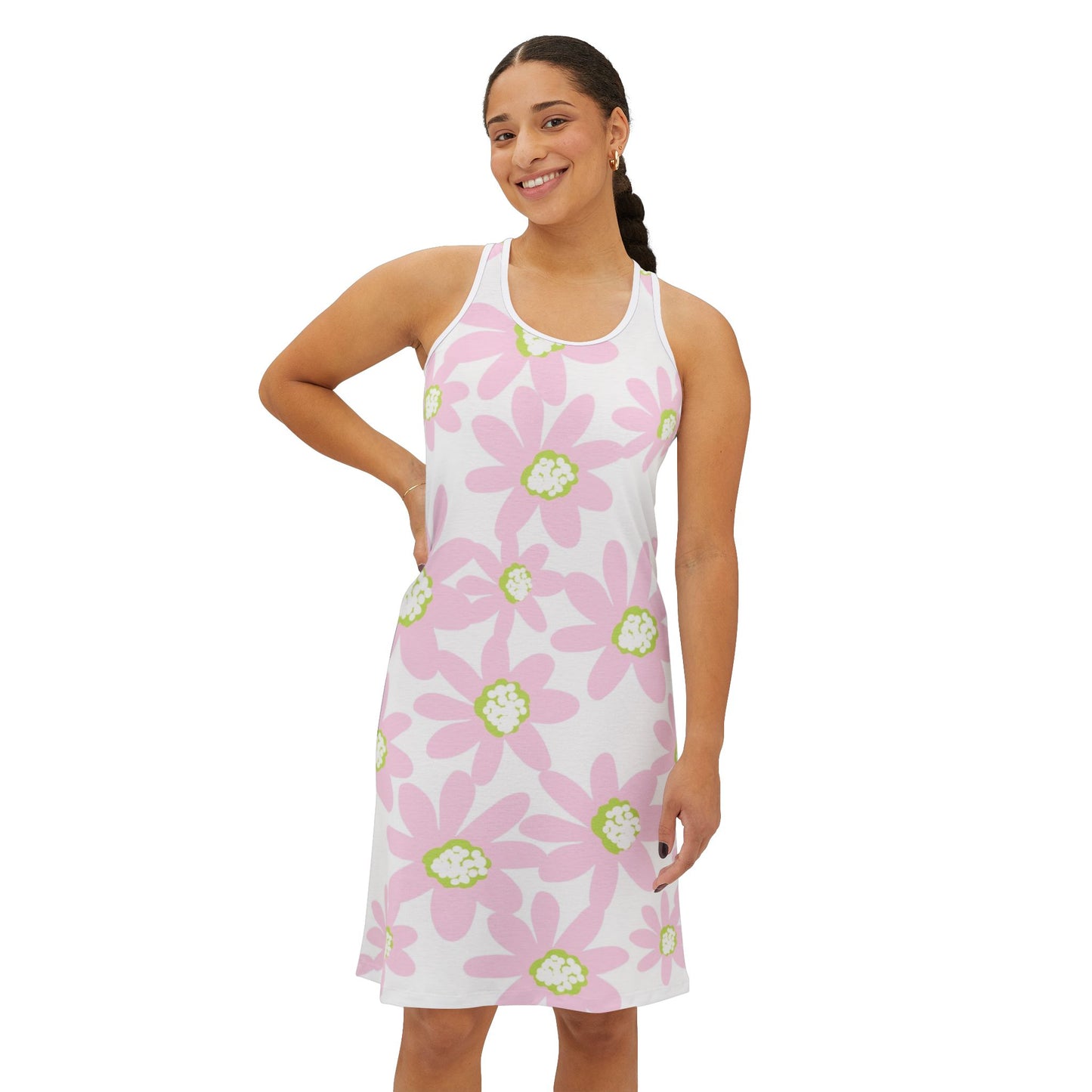 Light Pink Daisy Retro Floral Women's Racerback Dress, Summer Dress, Beachwear, Casual Dress, Vacation Outfit, Spring Fashion, Floral Print Dress