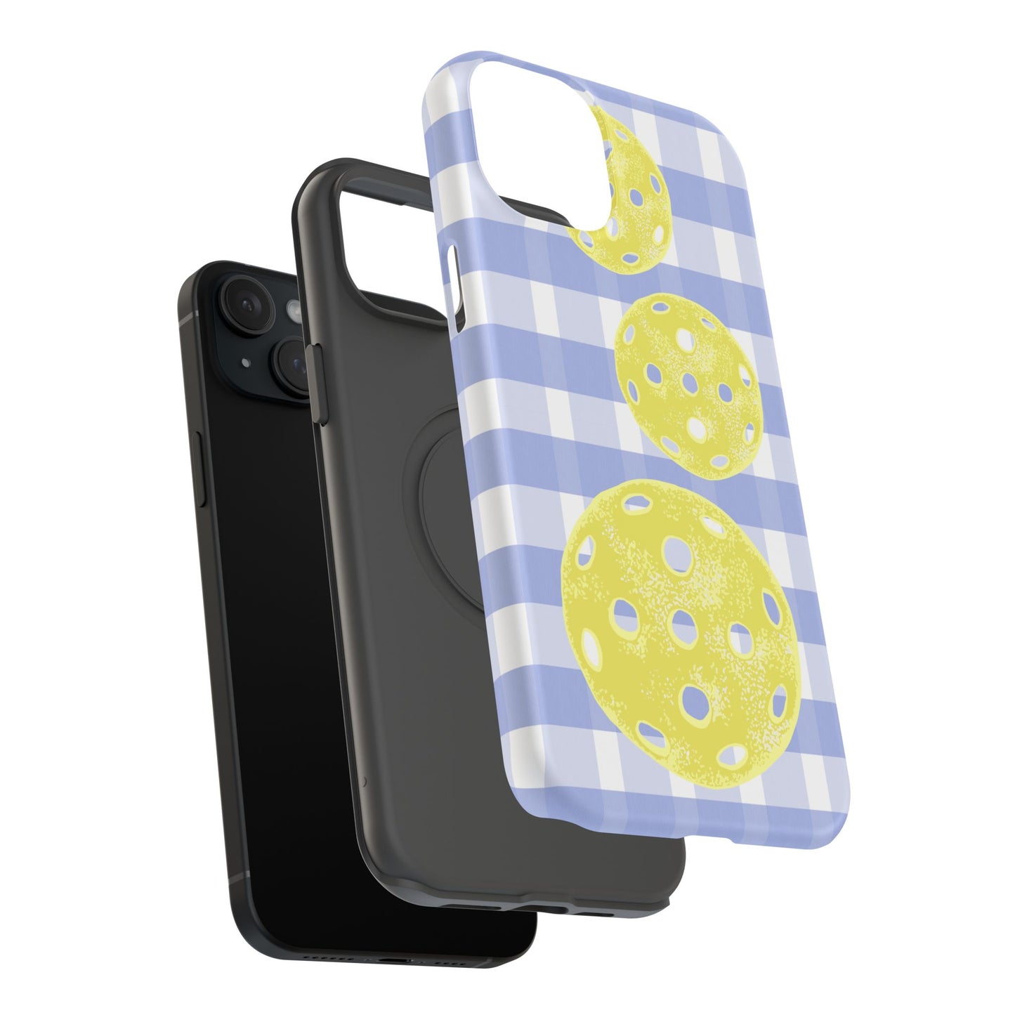 Pickleball Pattern Phone Case — Yellow Pickleball on Blue Gingham Impact Case