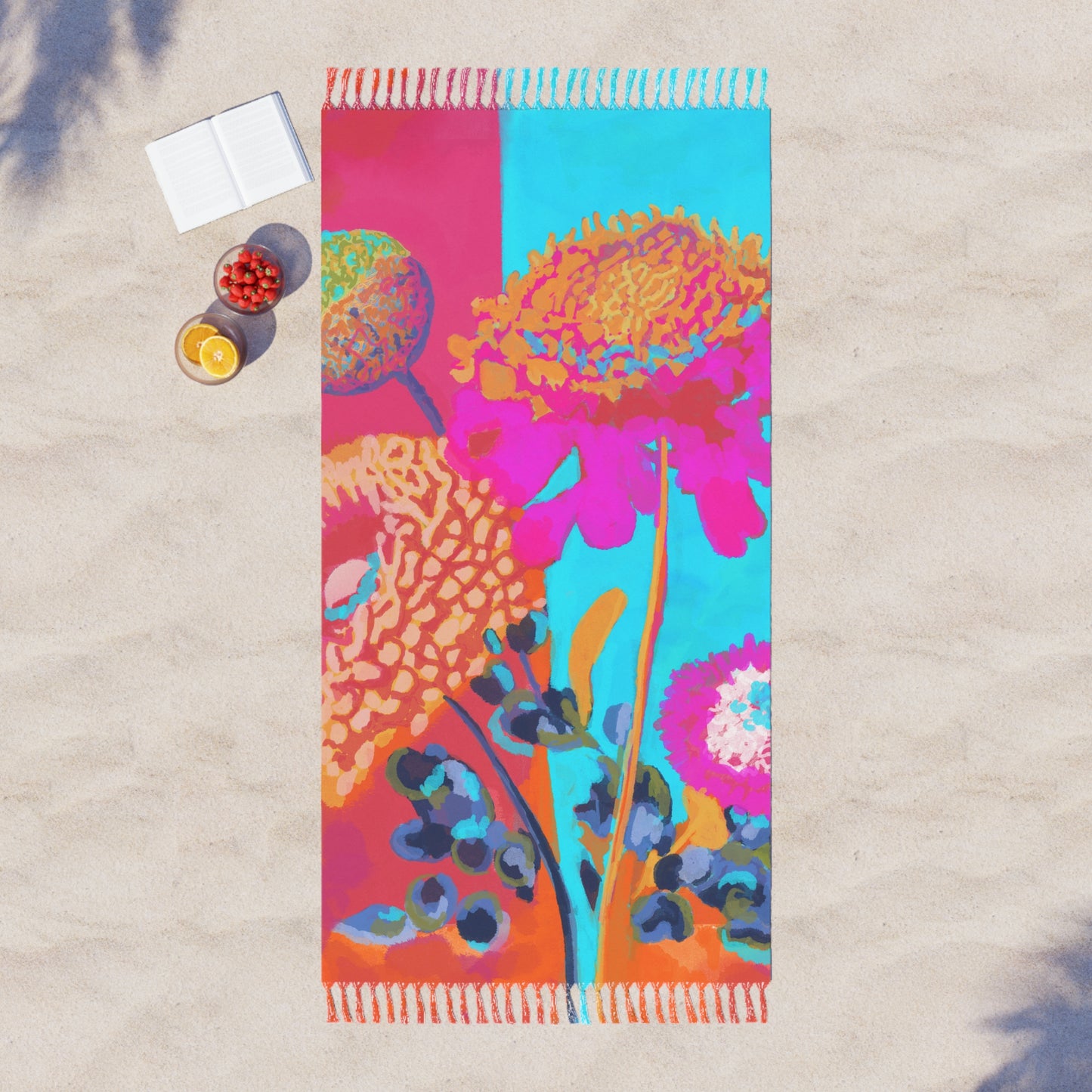 Boho Floral Beach Towel — Vibrant Tropical Flower Fringe Towel