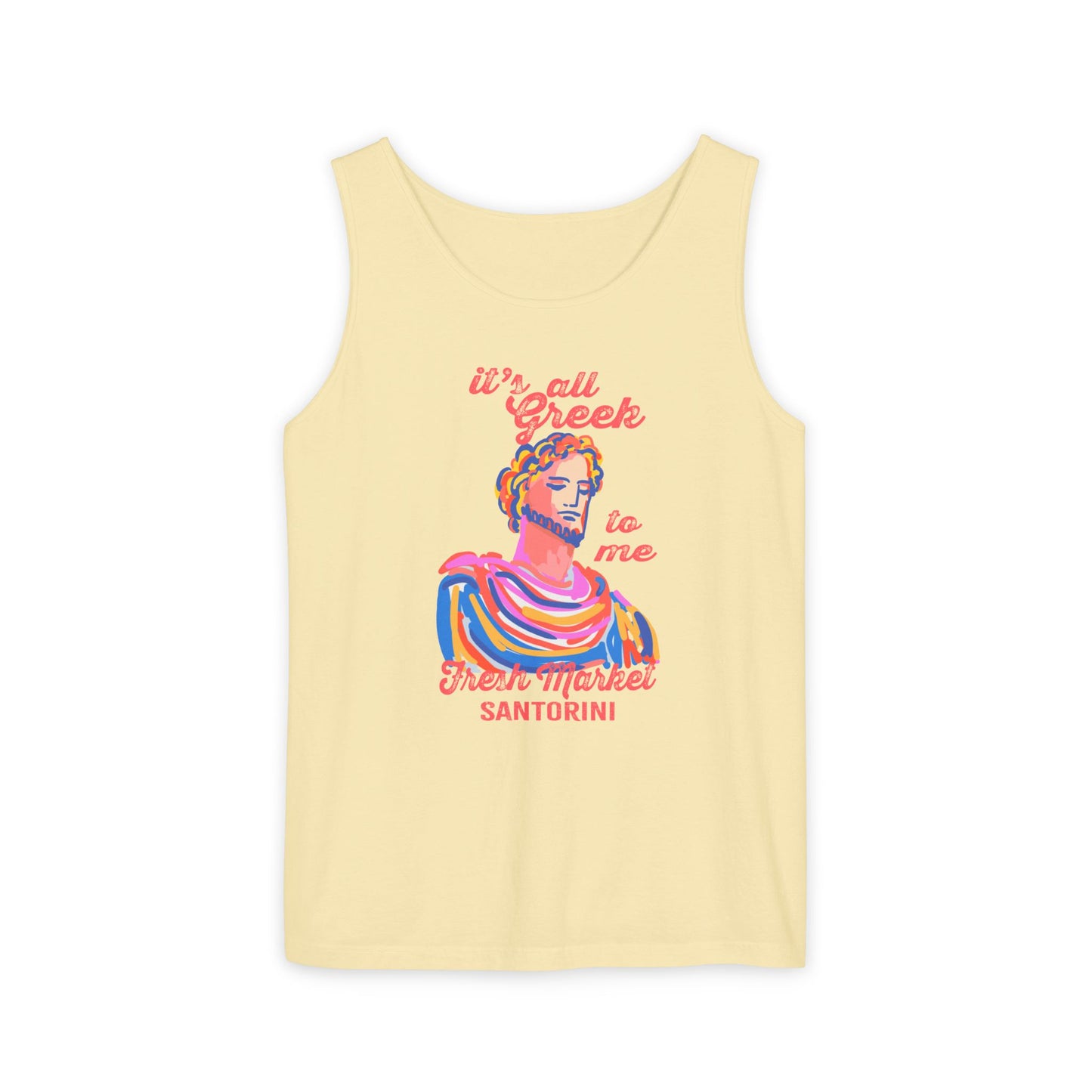 It's All Greek to Me!  Santorini-Inspired Fresh Market Unisex Tank Top, Casual Summer Wear, Beach Vibes, Travel Souvenir, Gift for Her, Vacation Apparel