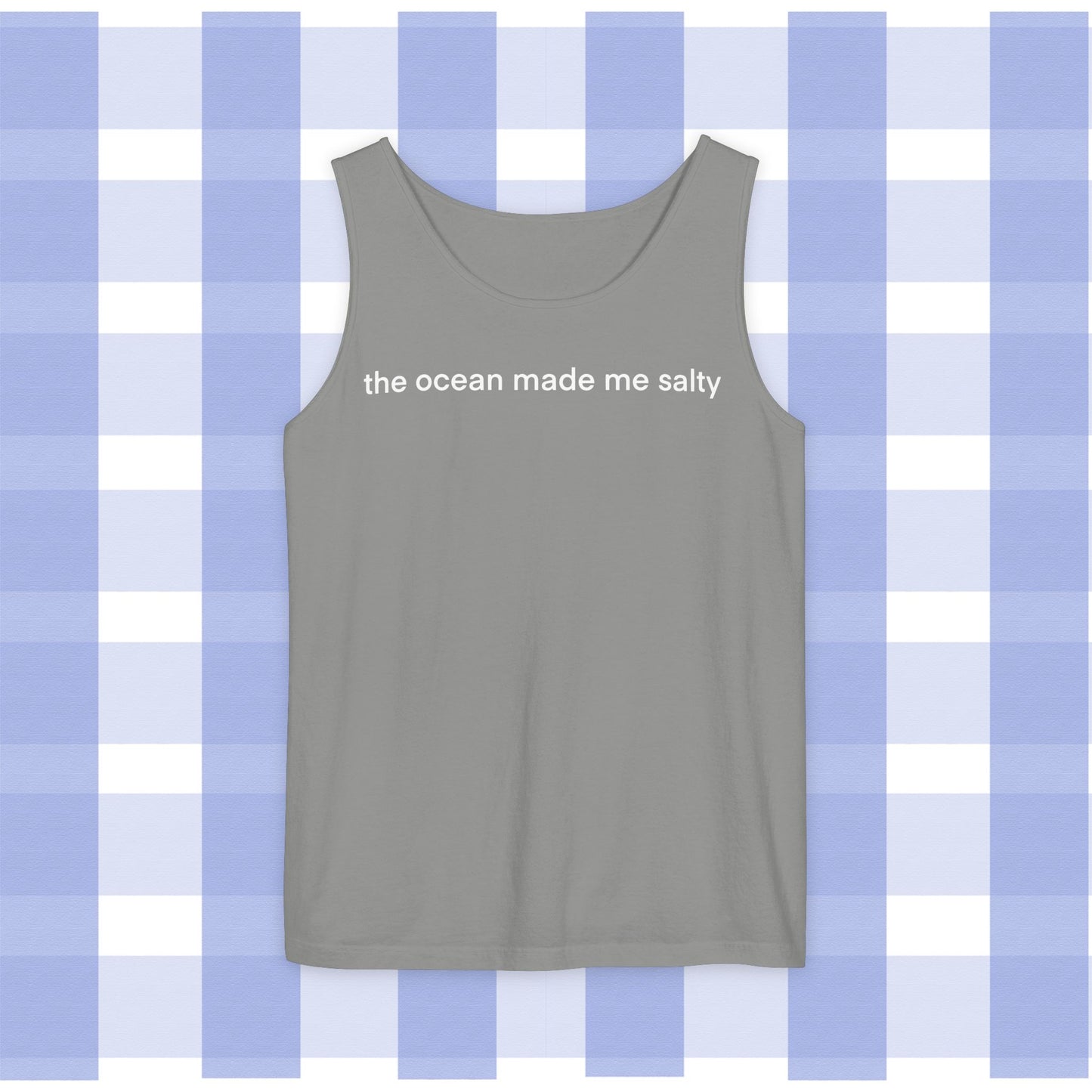 Tank Top — "the ocean made me salty" Pink Text Beach Tank