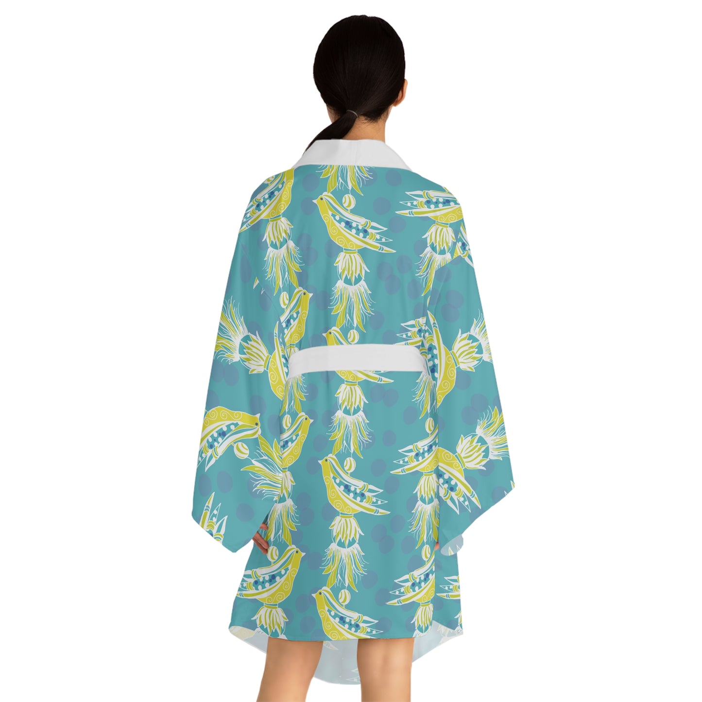 Charming Tassel Bird Print Long Sleeve Kimono Robe in aquas, blues and yellow, Cozy Cover-Up, Summer Lounge Wear, Mother’s Day Gift, Bohemian Style Dressing Gown