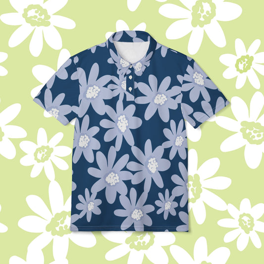 Large Blue Dasiy Floral Unisex Polo Shirt - Summer Vibes, Casual Wear, Gifts for Him/Her, Beachwear, Spring Fashion