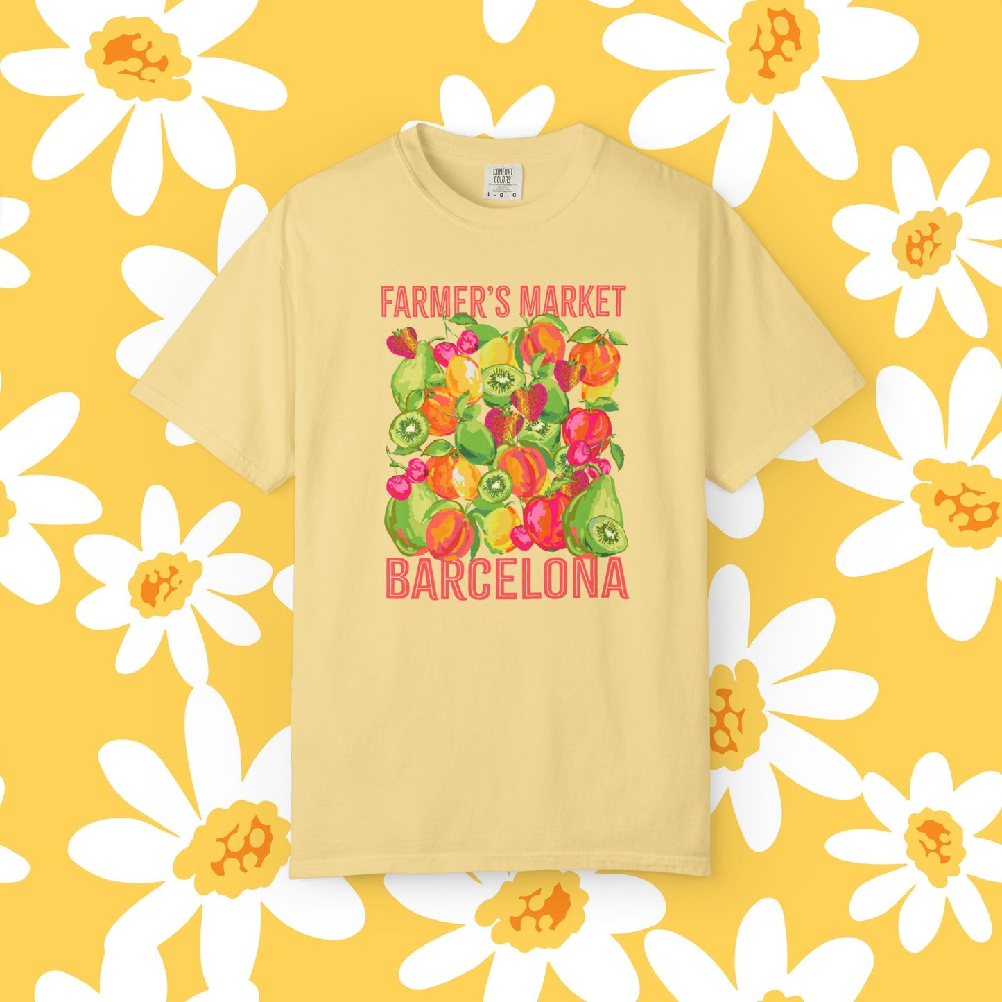 Barcelona Farmers Market T-Shirt | Unisex Garment-Dyed Tee, Cute Summer Style, Gift for Foodies, Market Lover's Apparel, Barcelona Graphic Tee
