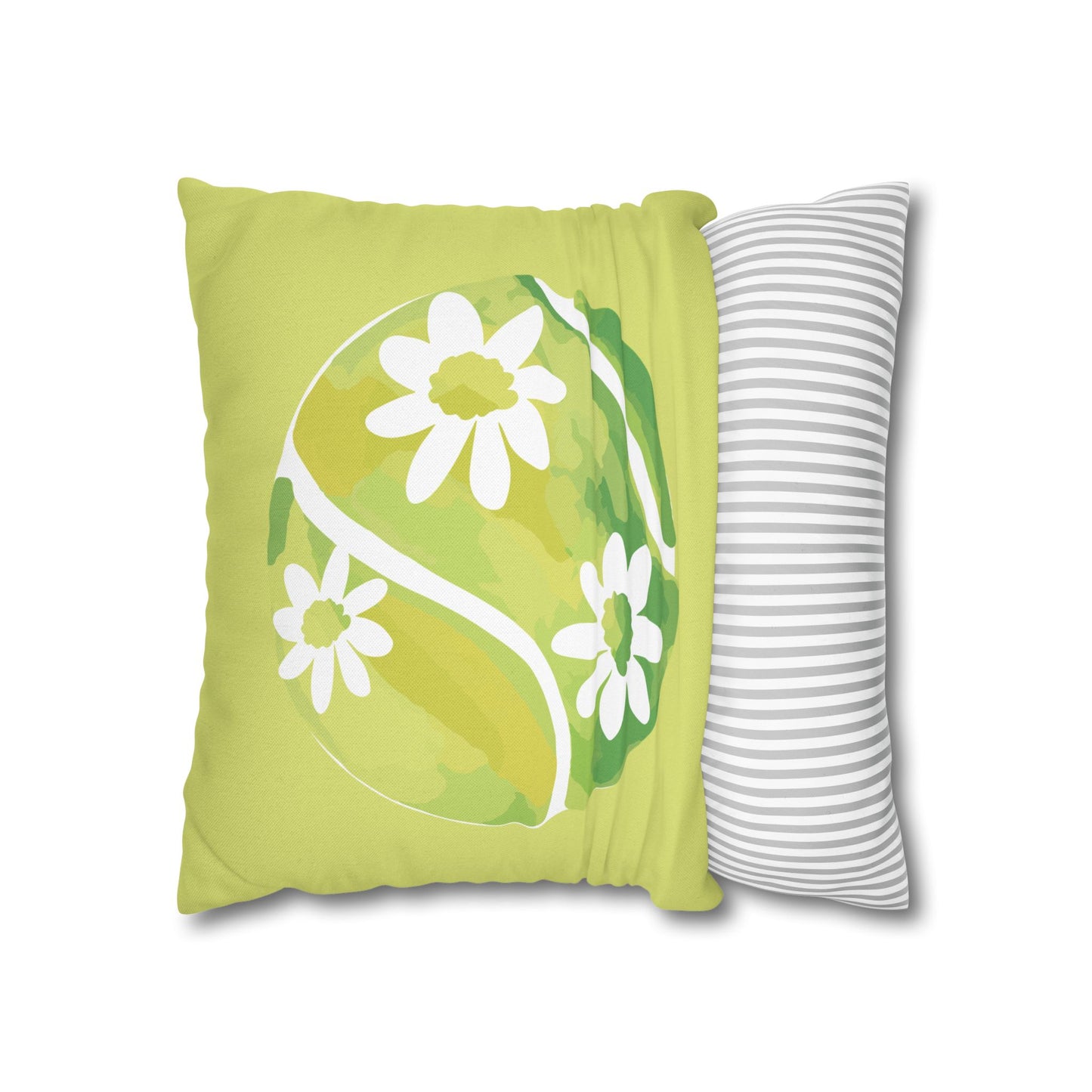 Tennis Ball Daisy Spring Floral Square Pillowcase - Decorative Cushion, Home Decor, Couch Pillow, Gift for Her, Green Leaves Design