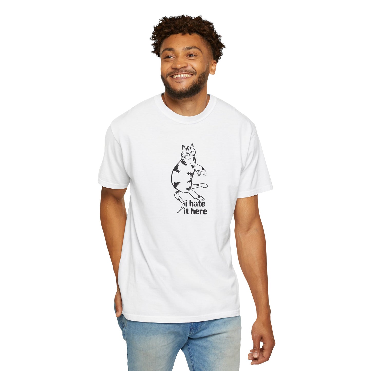 "I hate it here"...Funny Cat T-Shirt Showcasing Cat with Attitude, Unisex Tee, Garment-Dyed Shirt, Quirky Cat Lover Gift, Casual Wear, Perfect for Cat Owners