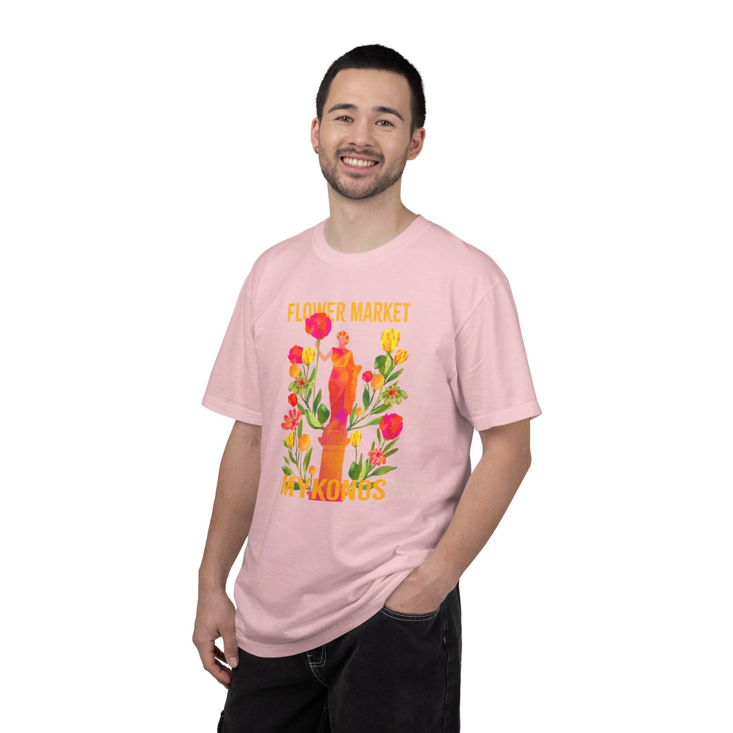Greek Isle Mykonos Floral Market T-Shirt | Summer Vibes, Eco-Friendly Apparel, Casual Wear, Gift for Her, Bohemian Style