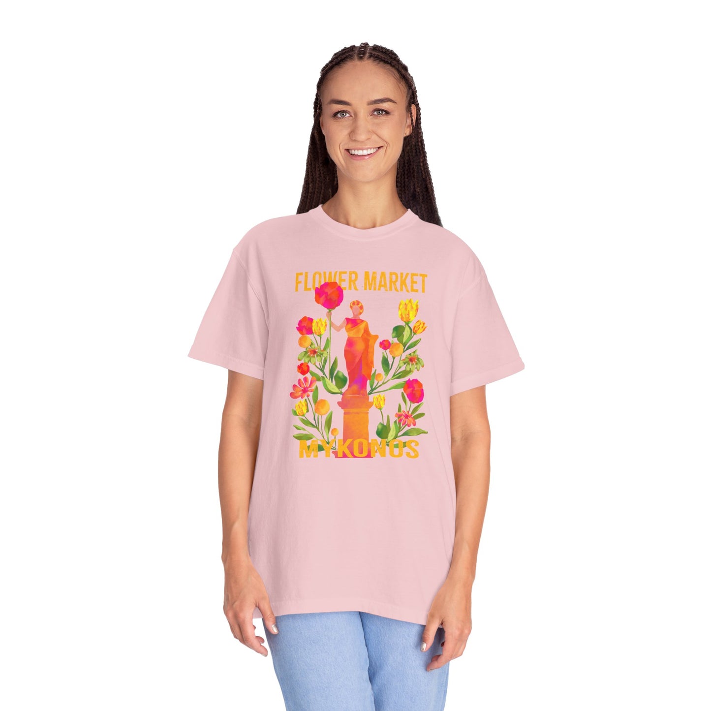 Greek Isle Mykonos Floral Market T-Shirt | Summer Vibes, Eco-Friendly Apparel, Casual Wear, Gift for Her, Bohemian Style