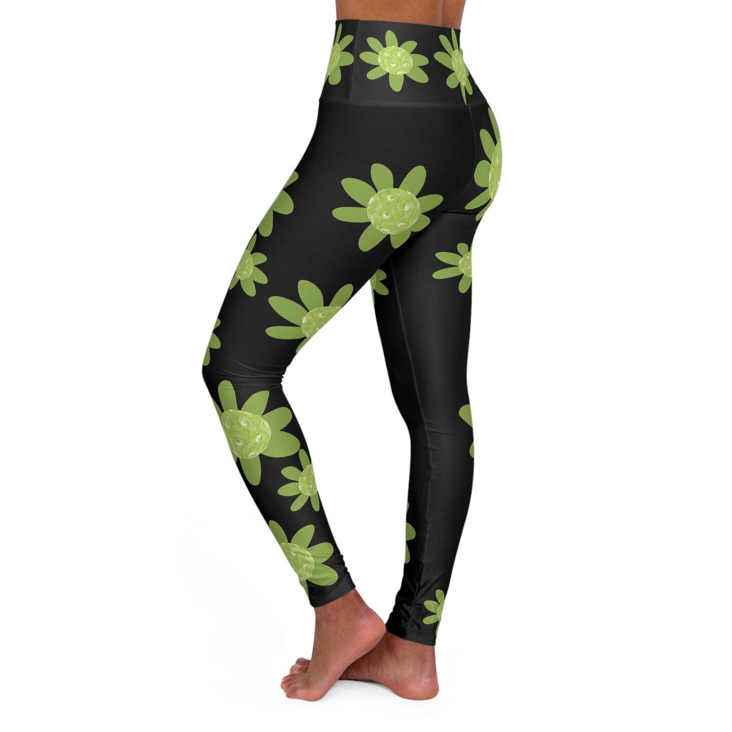 Black Leggings with Green Pickleball Daisy Design, Floral High-Waisted Yoga Leggings, Comfortable Activewear, Flower Print Leggings, Fitness Fashion, Gym Essentials, Yoga Apparel