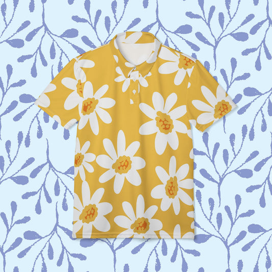 Sunny Daisy Yellow Floral Unisex Polo Shirt, Summer Outfits, Casual Wear, Gift for Him/Her, Bright Spirit, Outdoor Events
